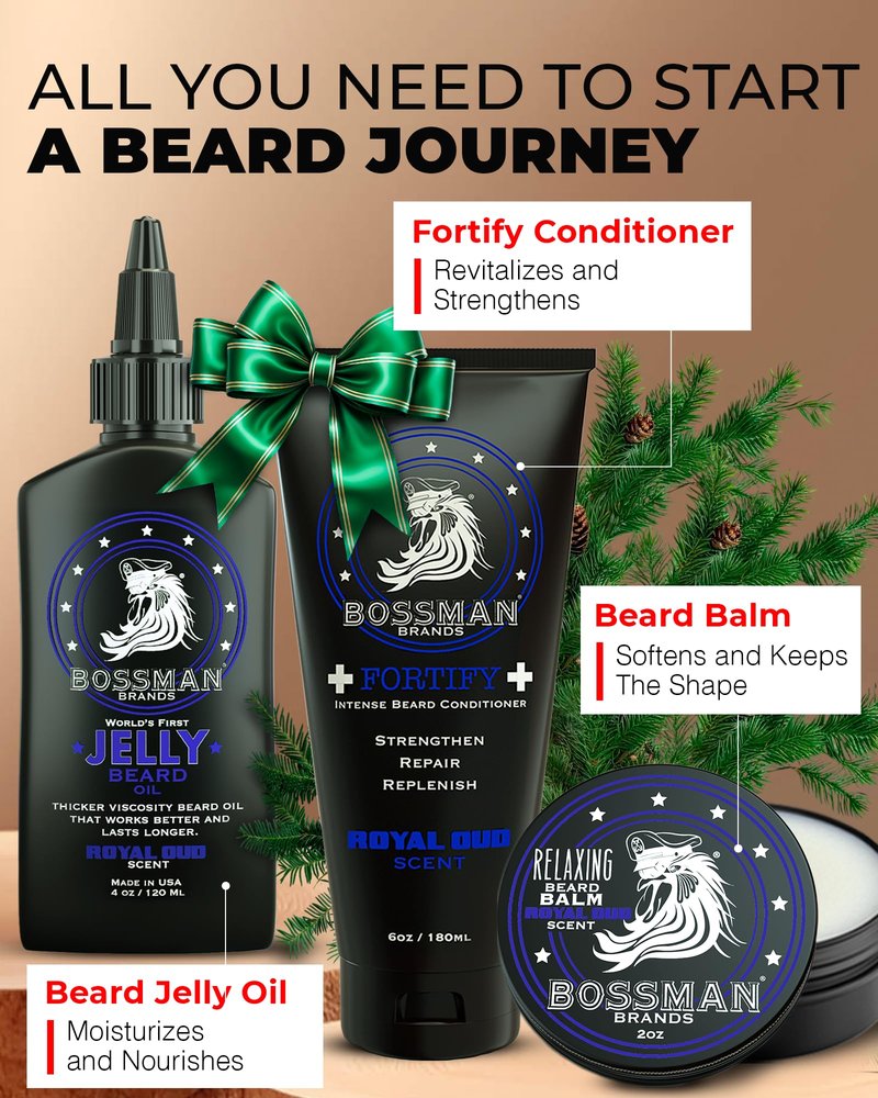 Bossman Essentials Beard Kit for Men, Set of 3 - Beard Oil Jelly, Fortifying Conditioner Cream, Beard Balm - Grooming Growth Care Accessories - Gift Set for Men (Magic)