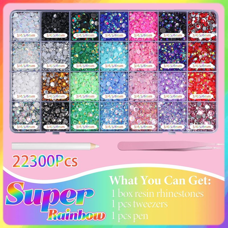 Color Rhinestones for Bedazzling - 22300 Pcs 3-6 mm Resin Gems for Crafting, Nails, Face Makeup & Tumblers | White, Pink, Purple, Black, Gold, Tan, Red, Silver