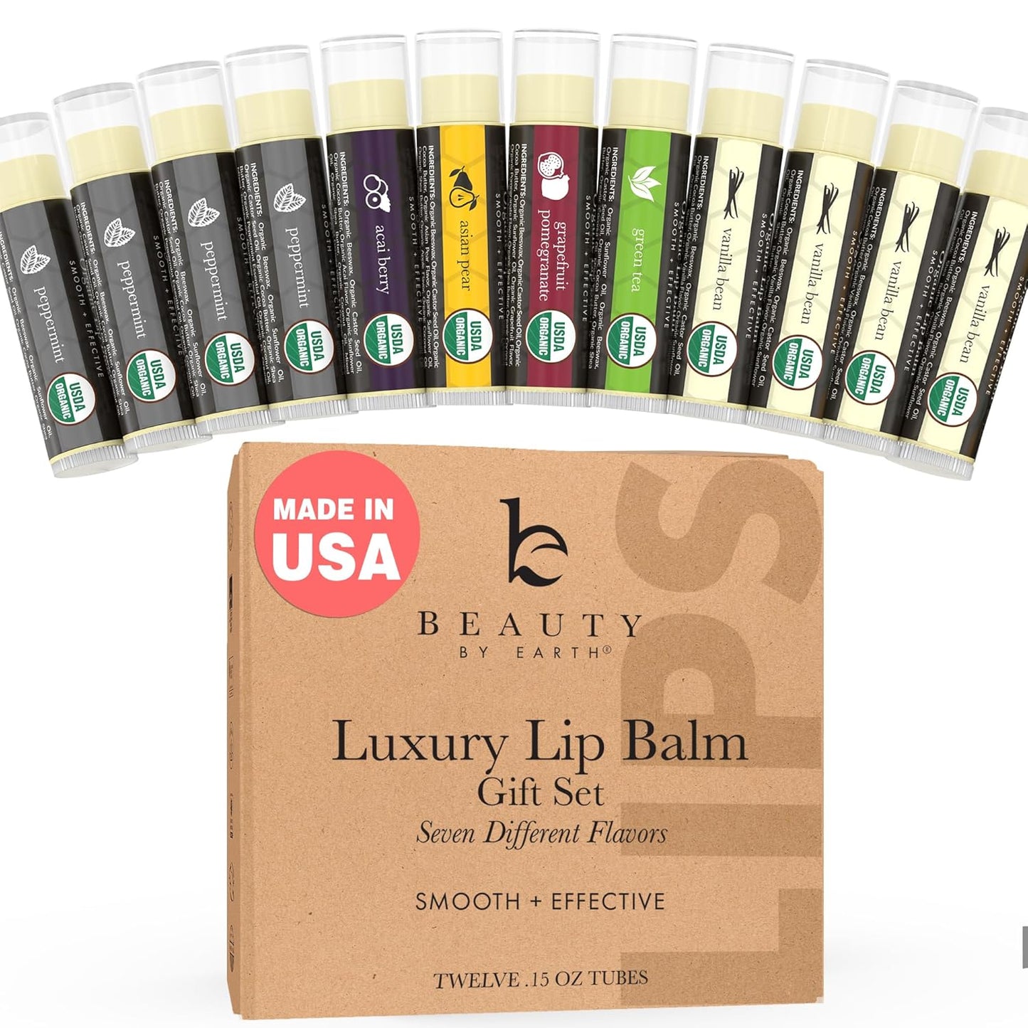 Organic Lip Balm - USDA Certified Natural Ingredients | 12-Pack (6 Flavors) - Moisturizing Beeswax & Coconut Oil for Dry Lips