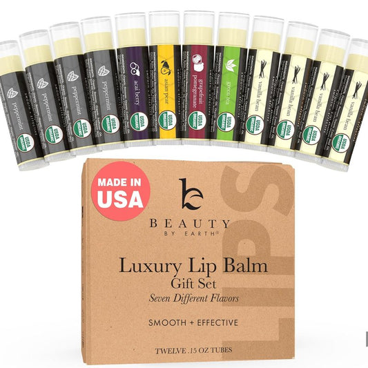 Organic Lip Balm - USDA Certified Natural Ingredients | 12-Pack (6 Flavors) - Moisturizing Beeswax & Coconut Oil for Dry Lips