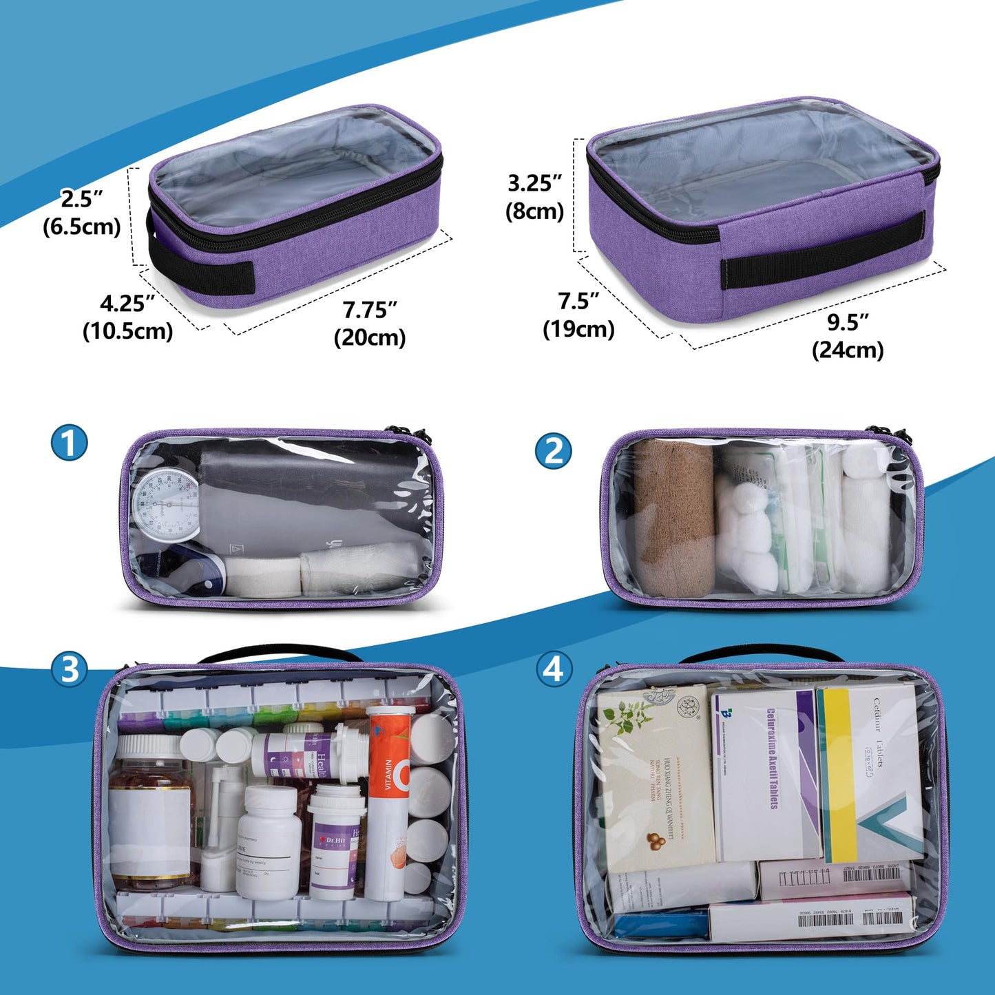 BAFASO Large Medicine Storage Box Come with 4 Removable Pouches, Pill Bottle Organizer for Daily Use, Purple
