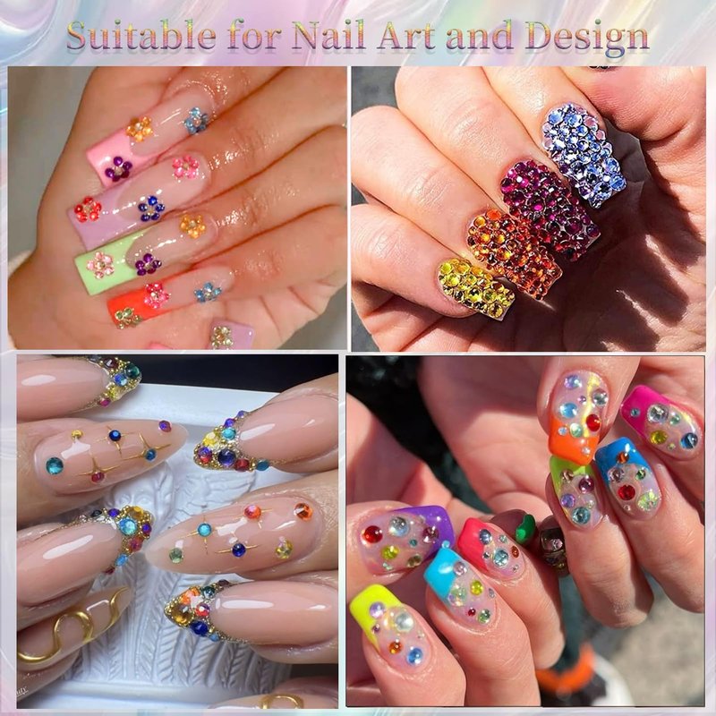 Nail Art Rhinestone Colorful Rhinestones Round Glass Gems Ab & Silver Flatback Crystal Diamonds with Tweezers and Wax Pencil Suitable for Nail Makeup Art Design and DIY Craft Projects