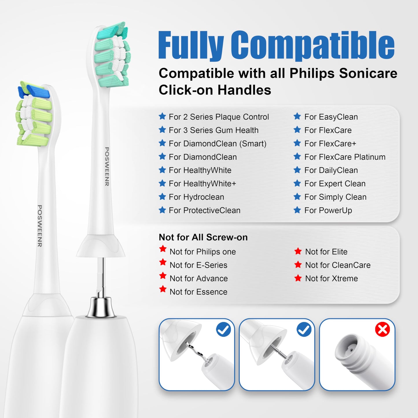 POSWEENR Replacement Toothbrush Heads Compatible with Philips Sonicare, Electric Toothbrush Replacement Heads for Plaque Control 10 Pack White