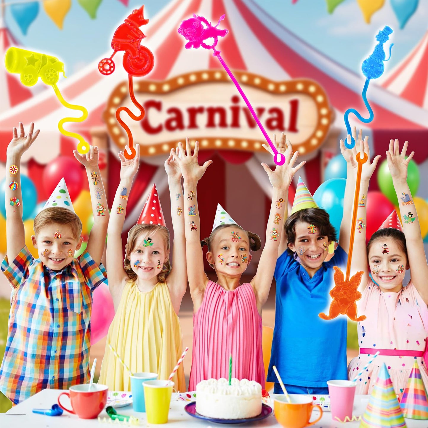 48 PCS Carnival Party Favors - 24 Temporary Tattoos & 24 Stick Hands