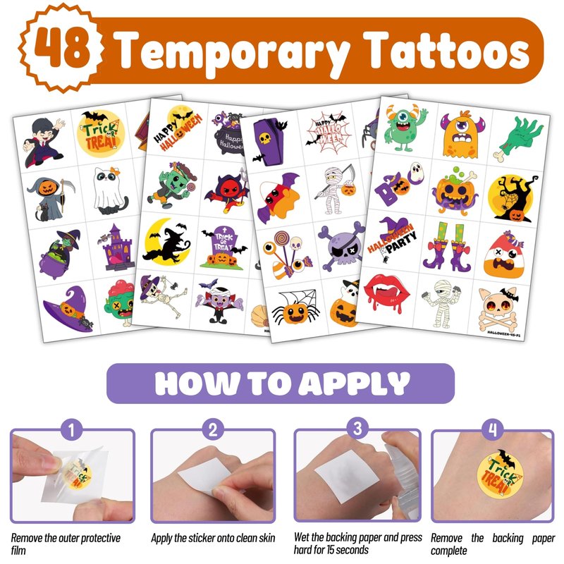 72 PCS Halloween Party Favors – 48 Pre-Cut Temporary Tattoos & 24 Halloween Punch Balloons Trick or Treat Themed Birthday Party Decorations Supplies Favors Gifts, Goodie Bag Fillers, Classroom Rewards