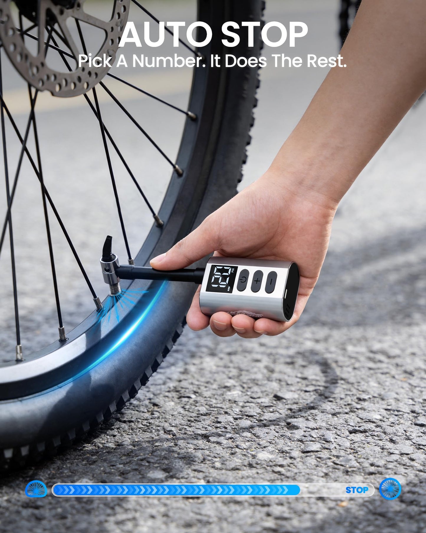 Vorproform Electric Bike Pump, 120 PSI Fast Inflate Bicycle Tire Pump with Guage, Auto Stop Mini Bike Pump with Presta and Schrader Valve, Suitable for MTB, Road Bike, E-Bike, Balls