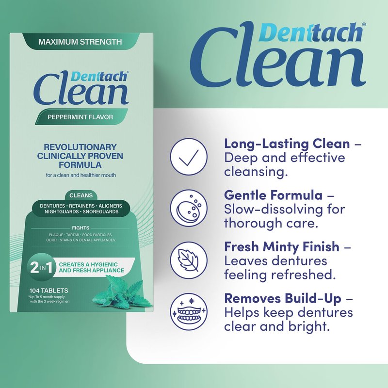 Denttach Clean Retainer Cleaner Tablets, Denture Cleaning Tablets, Maximum Strength Denture Cleaner for Ultra Fresh Dentures, Night Guard Cleanser, Eliminates Stains, Peppermint 104 Count Pack of 2