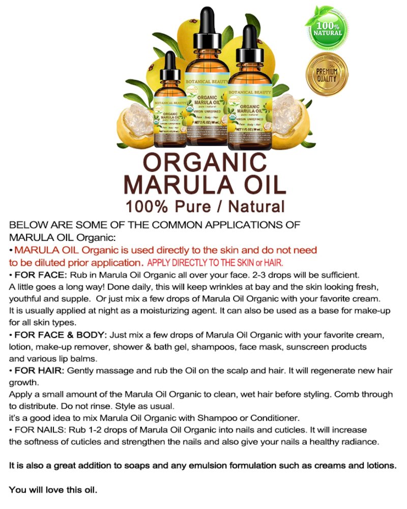 Botanical Beauty Organic MARULA OIL WILD GROWTH 100% Pure Natural Virgin, Unrefined Cold-Pressed Moisturizer for FACE, DRY SKIN, BODY, DAMAGED HAIR, NAILS, Anti-Aging (2 Fl Oz)