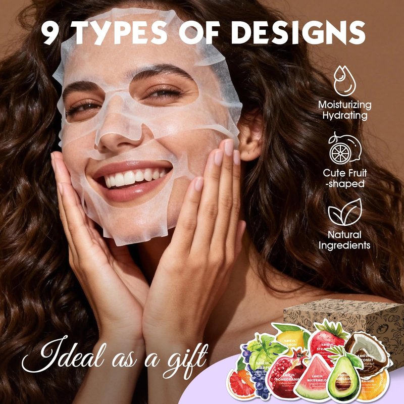 KONEUK 72 Pack Fruit Shaped Sheet Face Mask, Mothers Day Gifts for Mom, Collagen Hydrating Face Masks Skincare for All Skin Types, Bulk Teacher Gifts and Spa Party Gifts(9 Types x 8 Pcs)