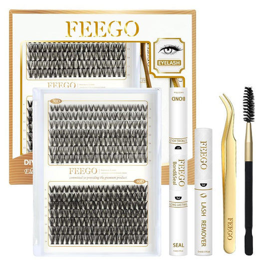 FEEGO Charming Kits 30D+40D D Fluffy Eyelash Extensions Kit, 280pcs Lash Clusters Wispy 9-16mm Applicator for Beginners, Individual Lashes, Lash Bond, Seal Glue, Remover (3040D Charming Kit)