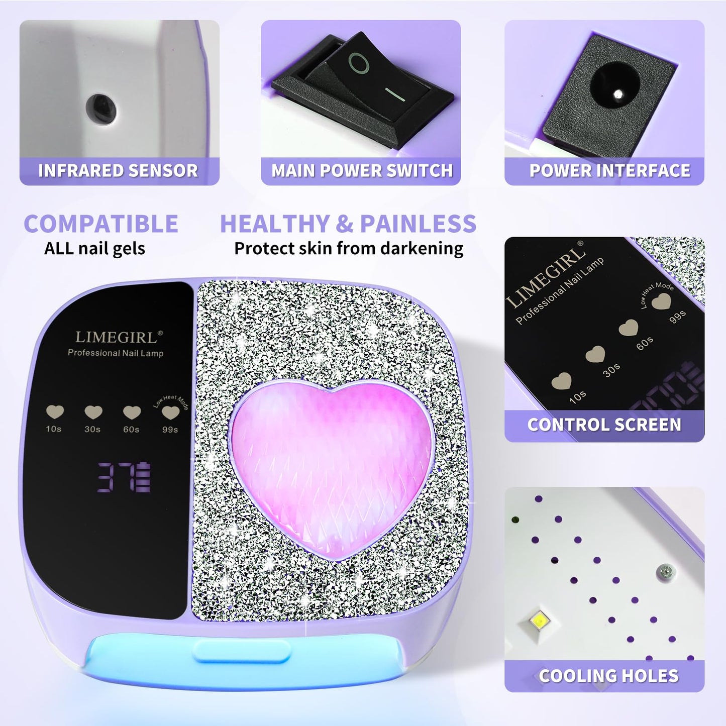 LIMEGIRL UV LED Nail Lamp Kit for Gel Polish Professional Fast Curing Purple Dryer Light Set with 4 Timer Settings Cordless Rechargeable Nail Art Cure Machine for Manicure Pedicure at Home and Salon