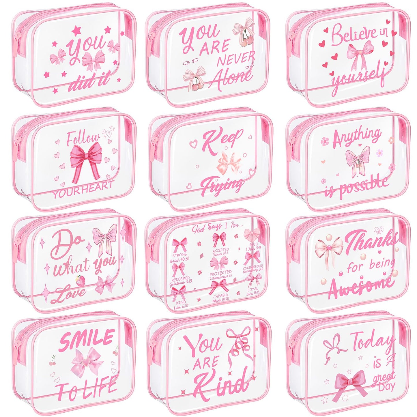 Kacctyen 12 Pcs Clear Makeup Bags Flower Bulk Inspirational Quotes Waterproof Portable with Toiletry Zipper Pink Clear PVC Travel Pouch Encouragement Quotes Bags Appreciation Gift for Mother Nurse