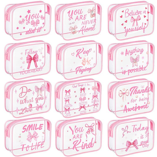 Kacctyen 12 Pcs Clear Makeup Bags Flower Bulk Inspirational Quotes Waterproof Portable with Toiletry Zipper Pink Clear PVC Travel Pouch Encouragement Quotes Bags Appreciation Gift for Mother Nurse