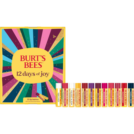 Burt’s Bees 12 Days of Joy Advent Calendar; 12 Surprise Lip Balms Including Juicy Cherry, an Amazon Exclusive; 24 Hour Moisture, 100% Natural Origin, Responsibly Sourced Beeswax, 12 Tubes, 0.15 Oz.