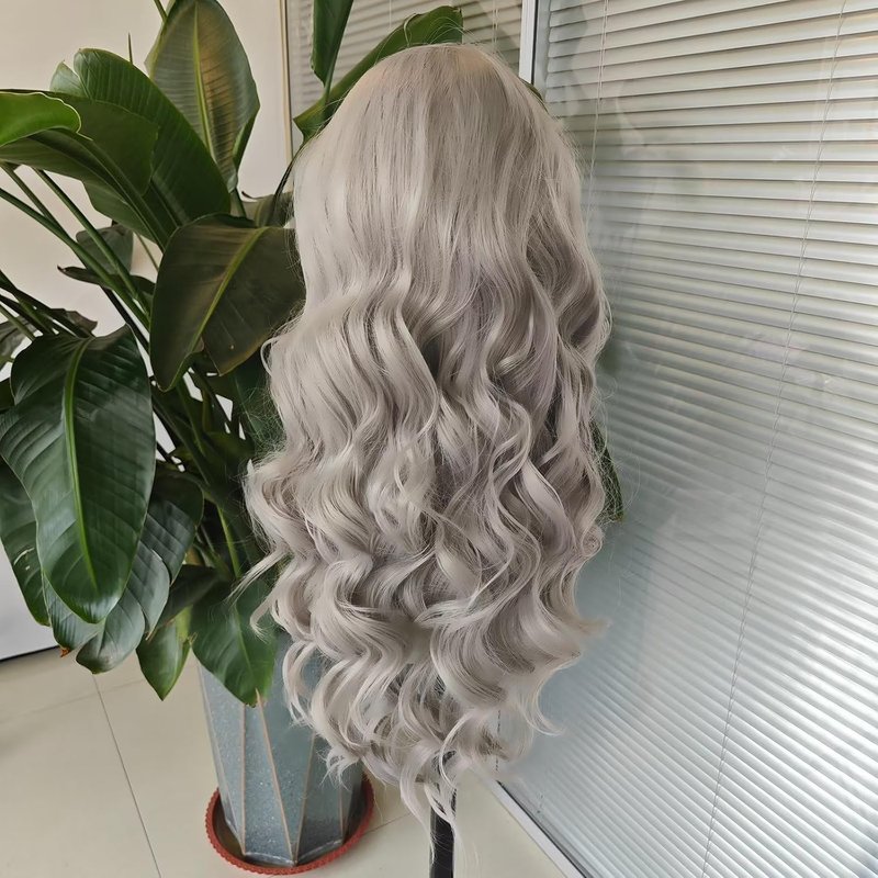 Long Body Wave Lace Front Wig - Sliver Grey Natural Wavy Heat Resistant Synthetic Hair | 24 Inch for Women & Girls
