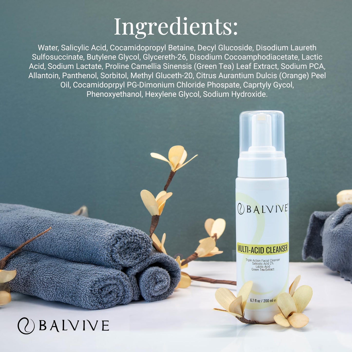 BALVIVE Foaming Facial Cleanser with Salicylic Acid, Glycolic Acid & Lactic Acid & Green Tea Extract– Face Wash for Acne, Oily & Sensitive Skin – Makeup Remover & Pore-Cleansing Skincare 6.7 fl oz