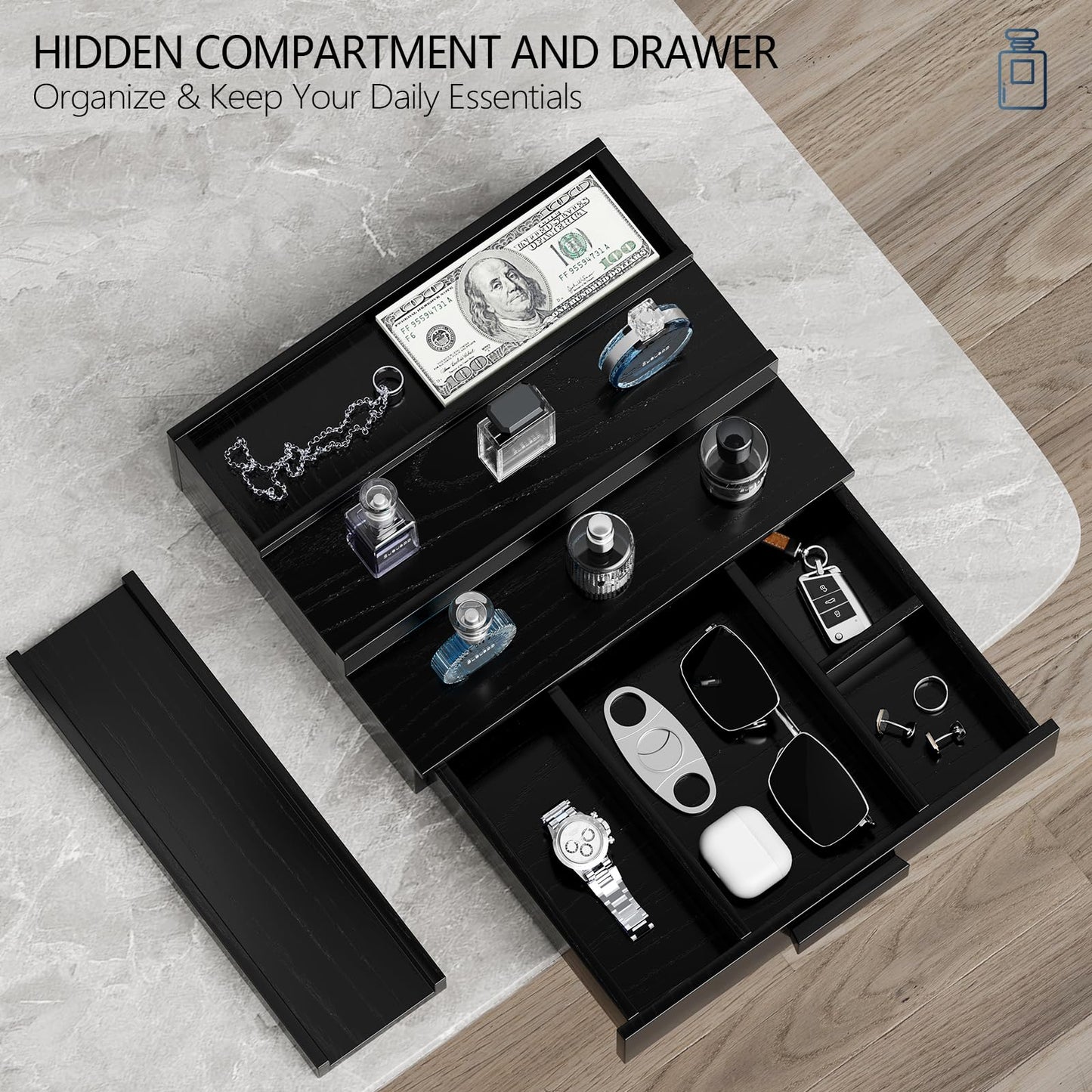 Sueuapp Walnut Wood Cologne Organizer for Men,3 Tier Cologne Stand,Cologne Shelf Display Holder,Perfume Stand Organizer with Hidden Compartment and Drawer,Great Gift for Men,Black