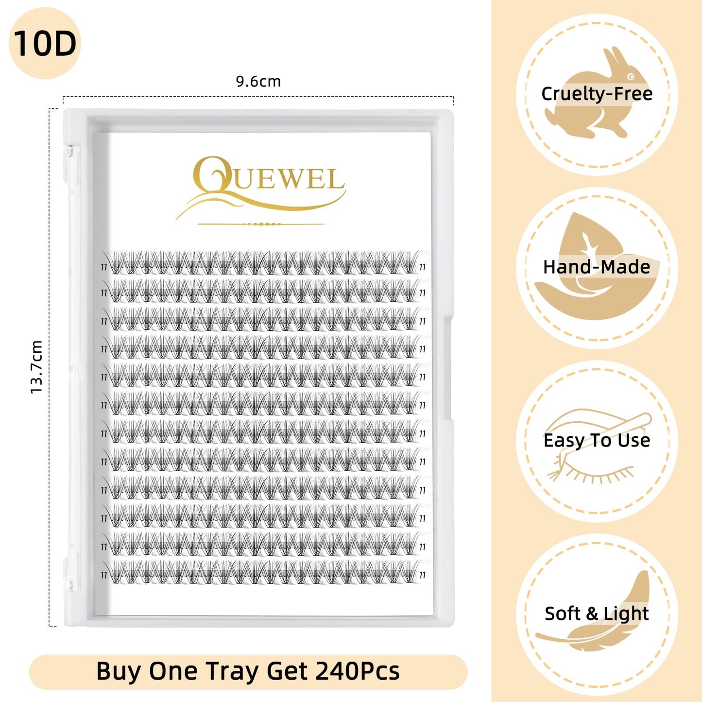 QUEWEL Lash Clusters 240Pcs Individual Lashes 10D 0.10C Curl 11mm Length DIY Lash Extension Soft False Eyelashes Wispy Cluster Lashes Easy to Create Natural Look At Home(10D-0.10C-11mm)
