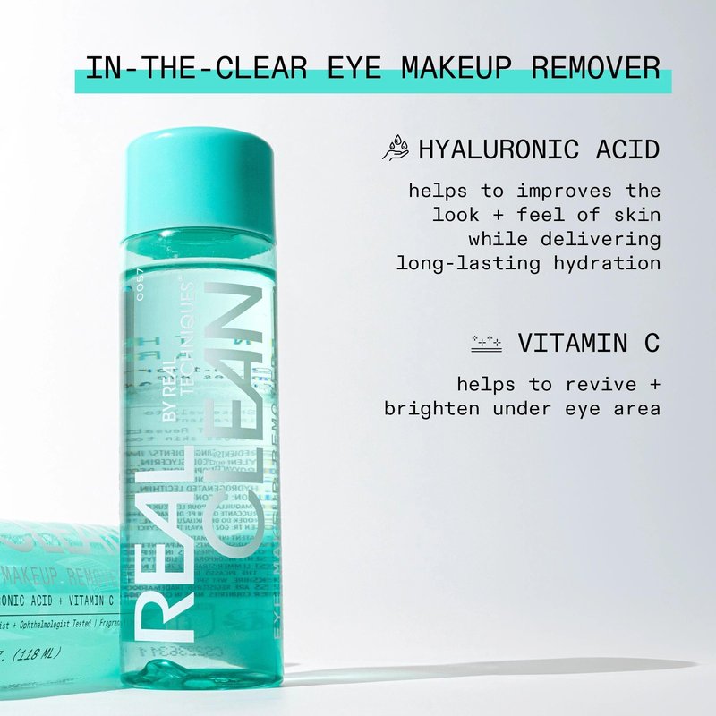 Real Techniques Real Clean In-The-Clear Eye Makeup Remover, Gentle Liquid Makeup Remover, Skin Repair Ingredients, Hyaluronic Acid & Vitamin C, Vegan & Cruelty-Free, 4 fl.oz./110 mL Bottle