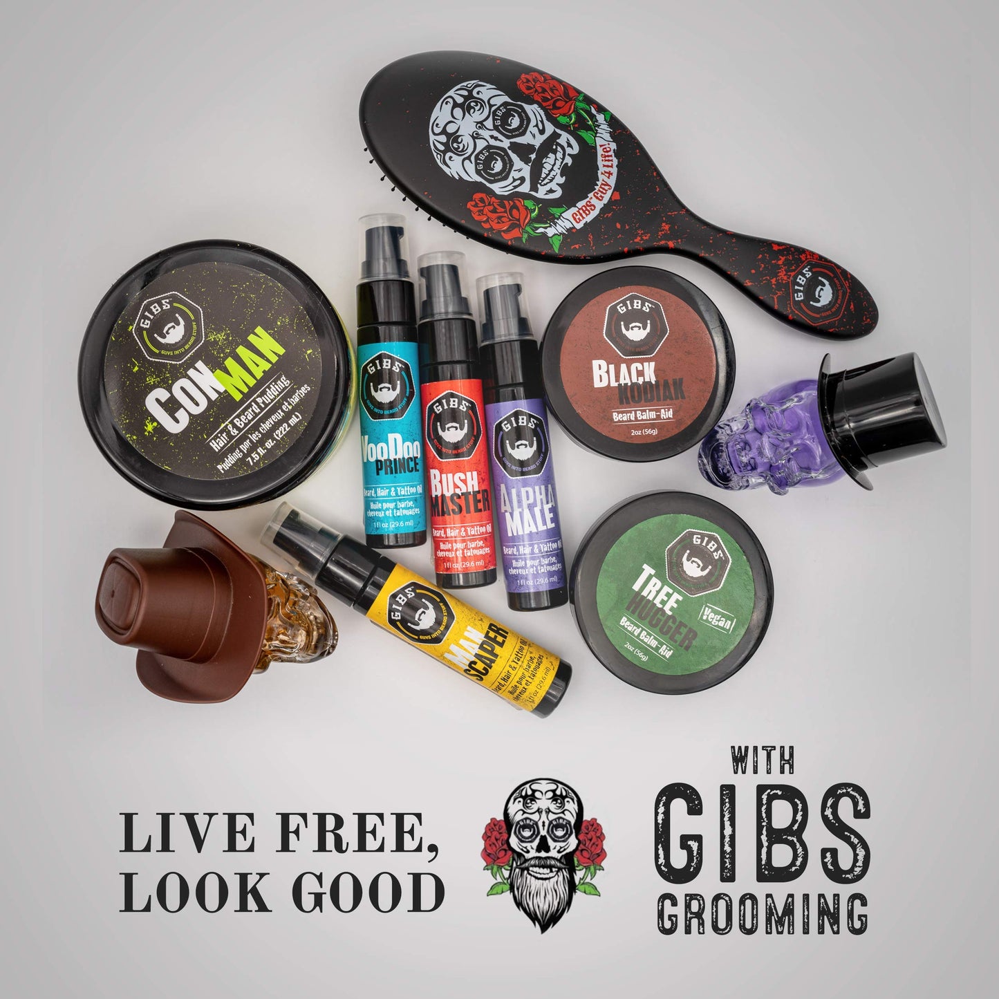 GIBS Grooming - Alpha Male Beard, Hair & Tattoo Oil (1 fl oz) Collectible Glass Skull Bottle - Softens & Strengthens - Skin Moisturizer - Vitamin C - UV Shield - Travel Size - Beard Oil - Made in USA