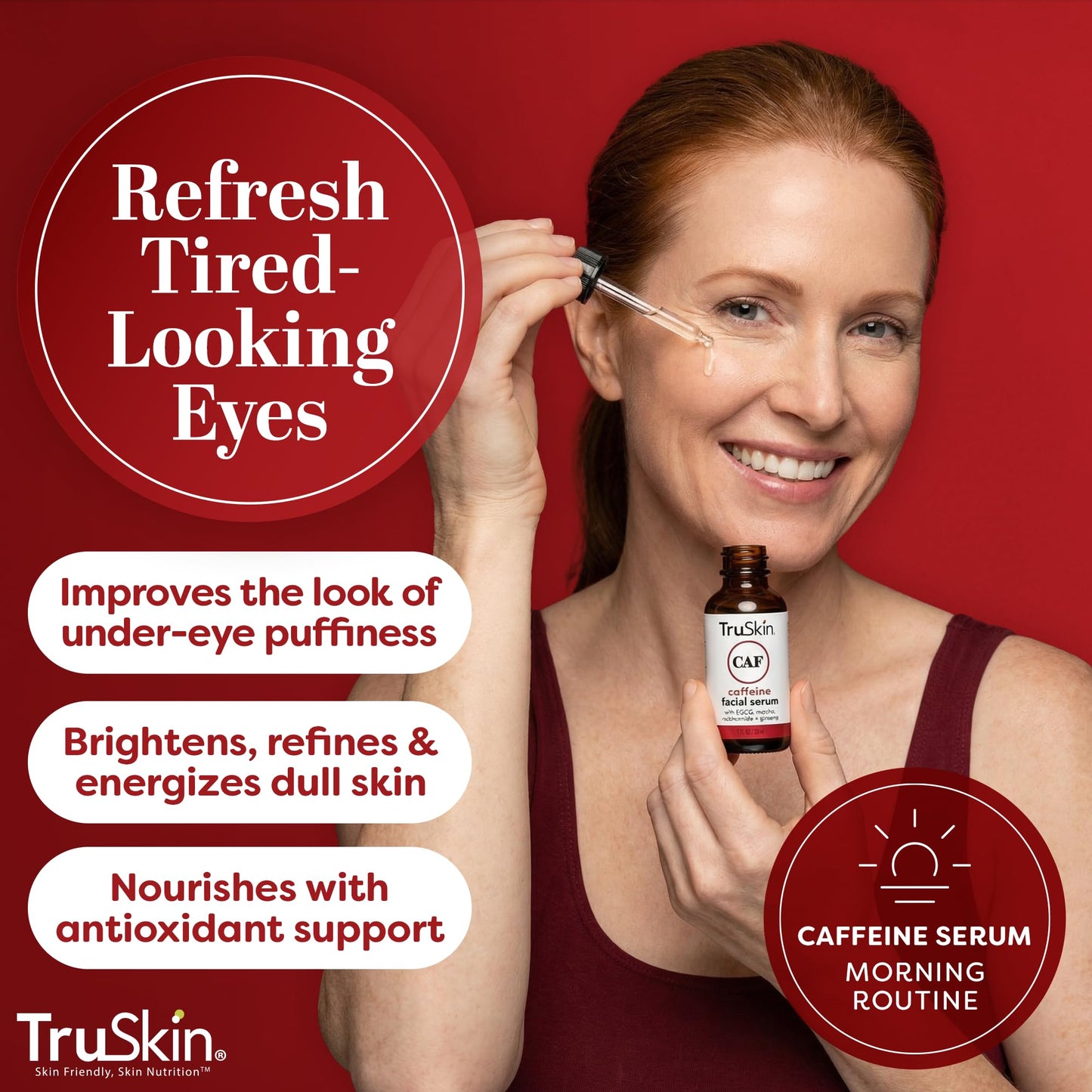 TruSkin Caffeine Face & Eye Serum - Energizing 5% Caffeine Serum with EGCG Niacinamide Matcha and Ginseng - Improve Look of Under Eye Dark Circles and Puffiness, 1 fl oz