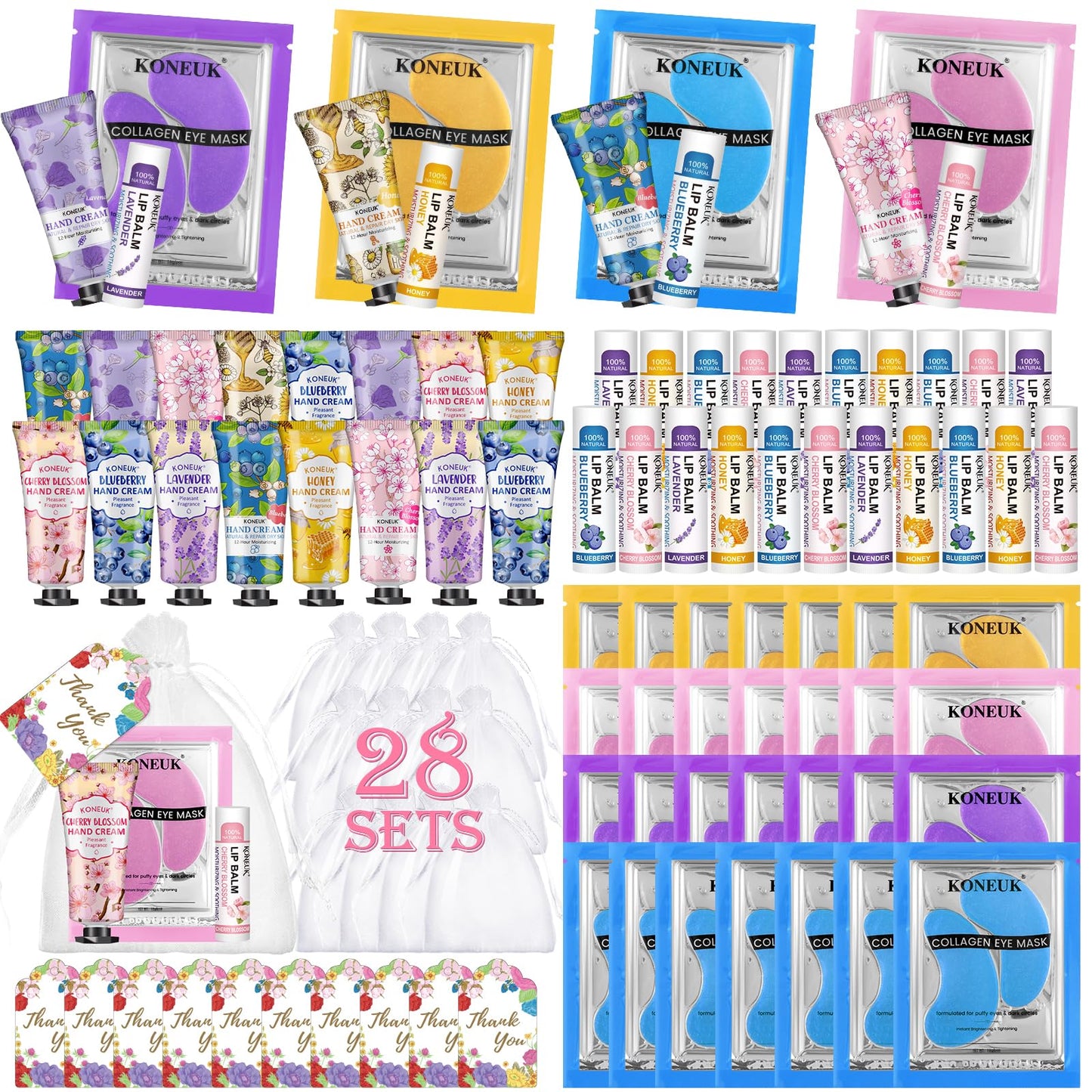 84 Pcs Bulk Gifts for Women,Teengirls, Under Eye Patches, Hand Creams Bulk & Lip Balms Bulk, Spa Party Supplies, Party Favors for Bridal Wedding, Sleepover Party, Thank You Gifts, Mini Spa Gift Set