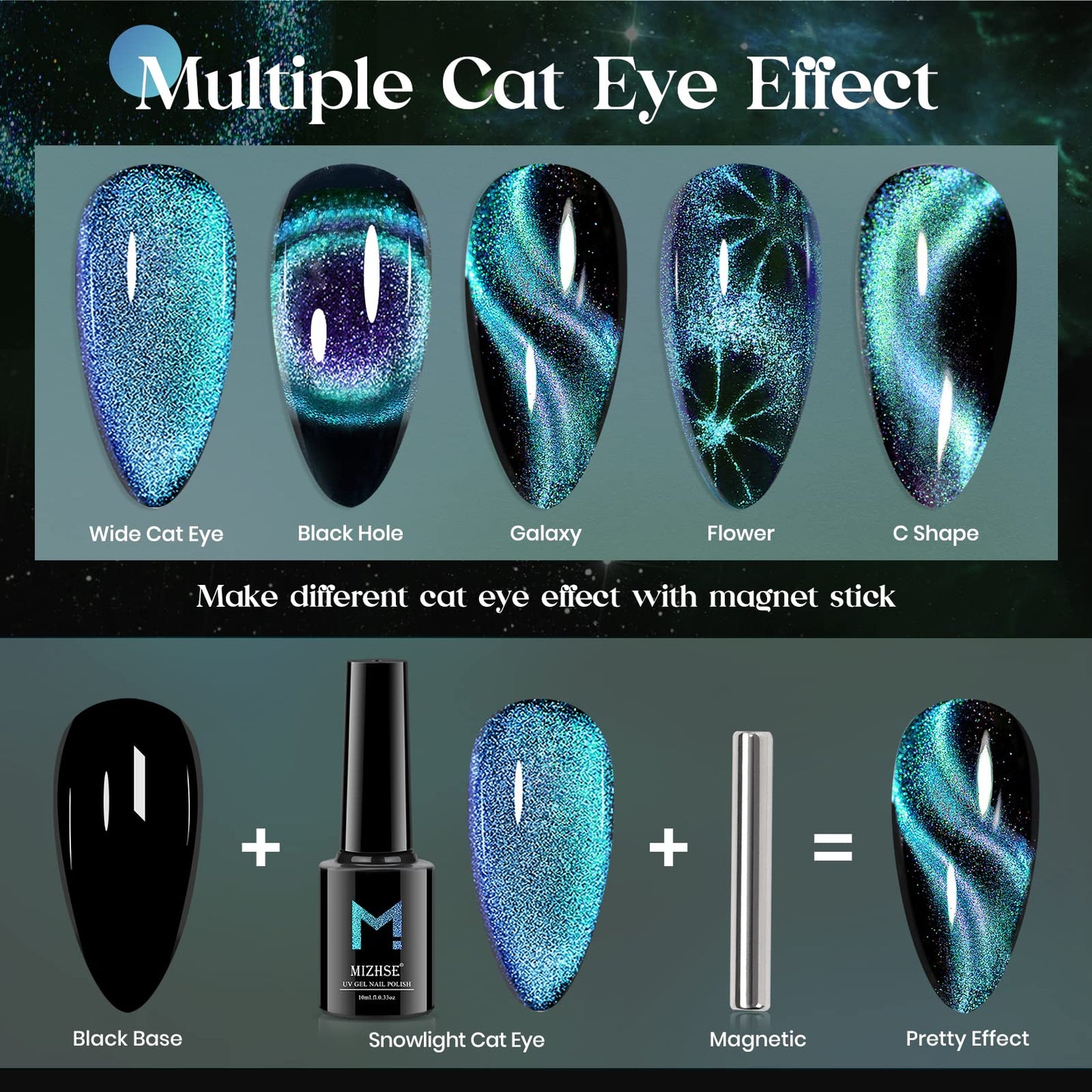 MIZHSE 9D Cat Eye Gel Nail Polish 10ml, Holographic Galaxy Cateye Magnetic Nail Polish Gel, Magic Chameleon Manicure Set 5 Colors