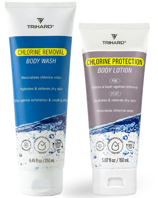 TRIHARD Chlorine Removal Body Wash and Lotion Set, Protects and Hydrates Sensitive Skin from Pool and Ocean, Pool Essentials for Pre and Post Swim Chlorine Skin Protection