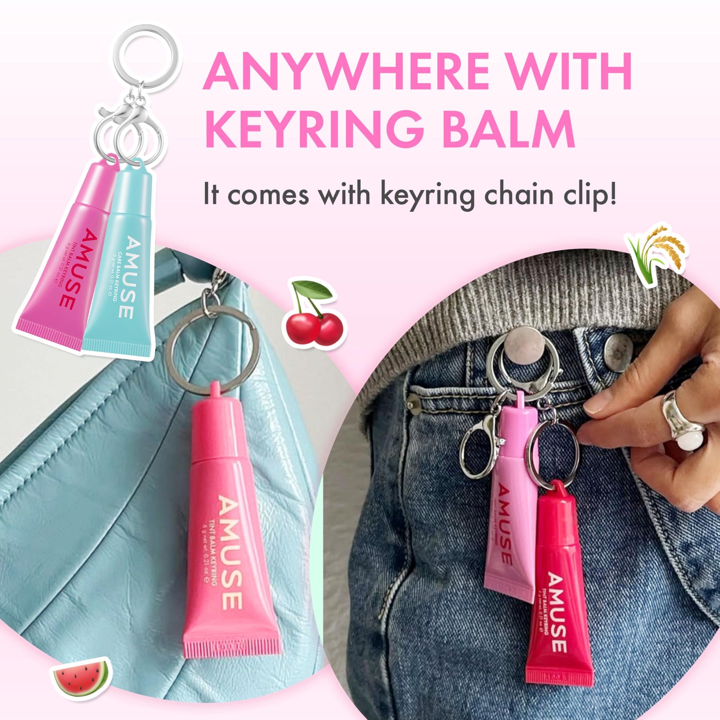 Amuse SEOUL Care Tint Lip Balm Keyring | Korean Beauty Hydrating Lip Balm + Keychain, Rice Extract & Multi-Peptide Complex, Clear Glossy Finish | 0.21 oz