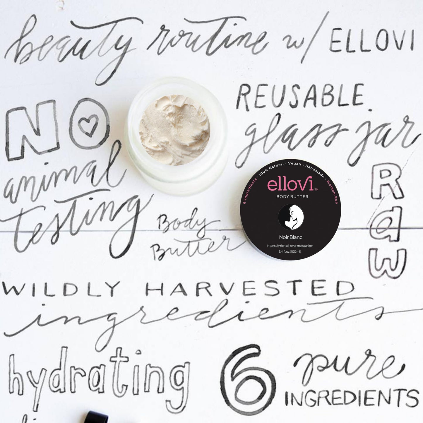Ellovi All-Natural Unisex Body Butter - Noir Blanc - Pure Enough to Eat - Made With Just 6 Vegan Ingredients - 100% Plant-Based Hydrating Moisturizer For Naturally Healthy Skin (3.4 fl. oz/100ml)