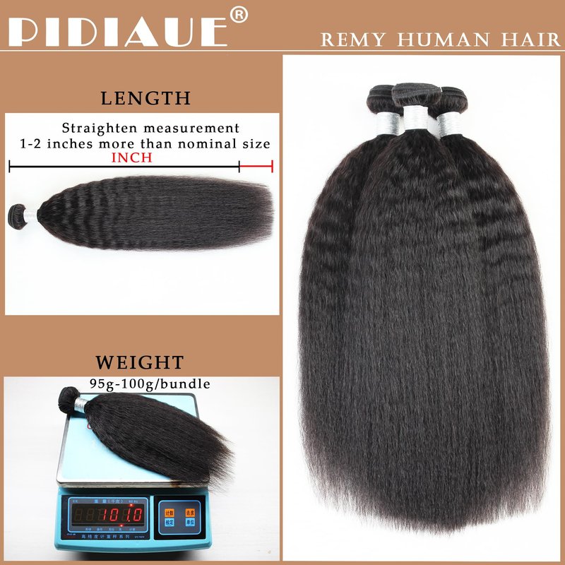 PIDIAUE Kinky Straight Bundles Single Human Hair Yaki Straight 12A Brazilian Remy Hair Weave 16 inch Real Unprocessed Virgin Hair 1 Bundles Extensions Natural Color