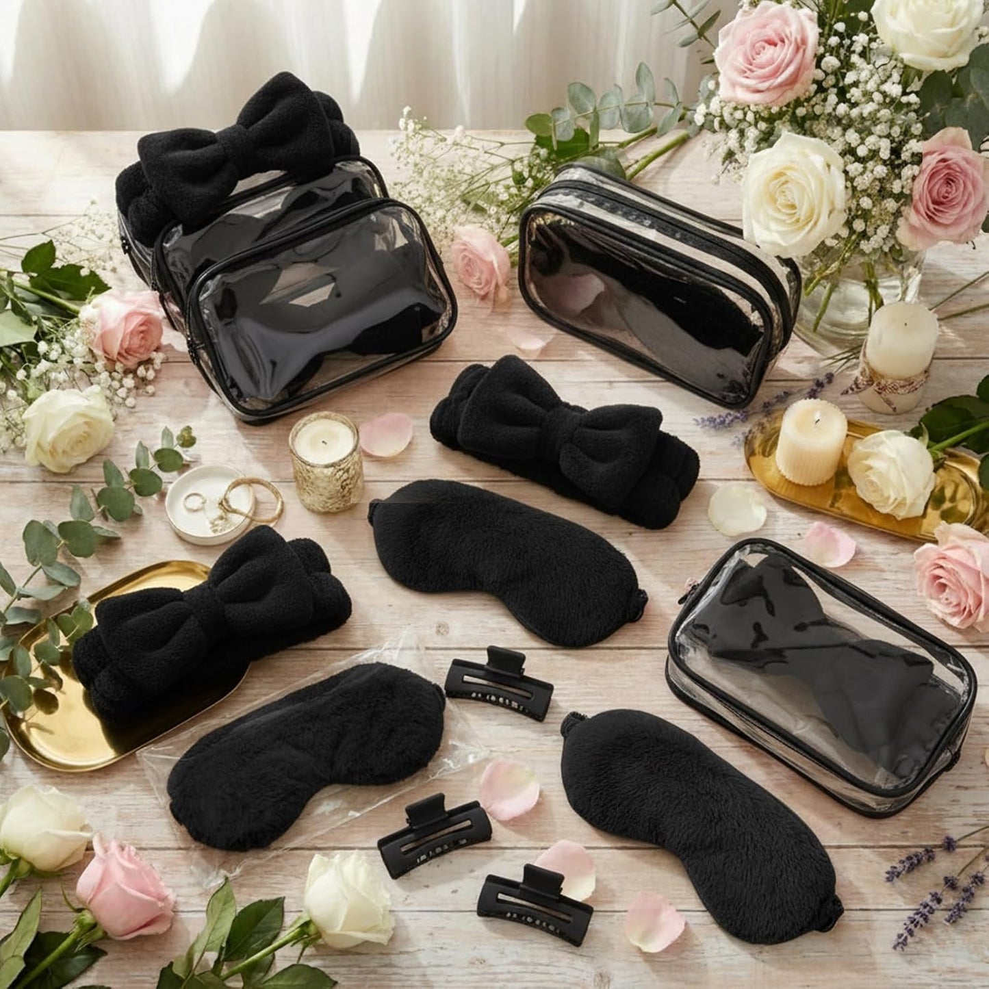 Spa Party Favors Set - 24 Pcs with Headbands, Plush Eye Masks & Hair Claw Clips | Black Cosmetic Bags for Sleepovers