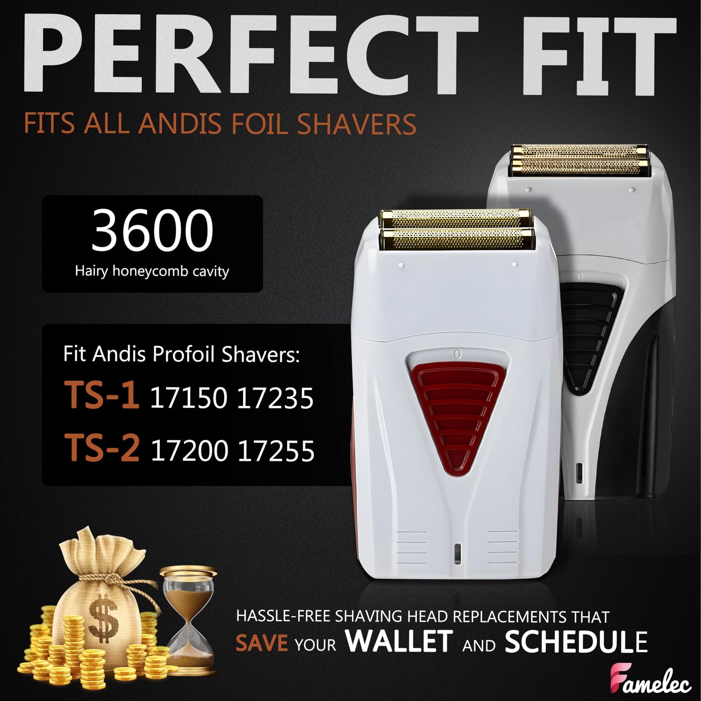 FAMELEC 4 Pack Replacement Foils and Cutters for Andis Shavers TS-1 TS-2 Pro Foil Lithium Titanium Foil Shaver, Cord/Cordless, Smooth Shaving Cordless Shaver #17150 17235 17220 17155 17160 17280