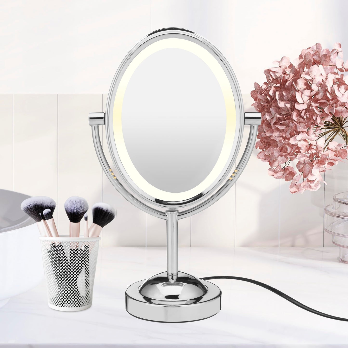 Conair Lighted Makeup Mirror, LED Vanity Mirror, 1X/7X Magnifying Mirror, Double Sided, Corded in Polished Chrome