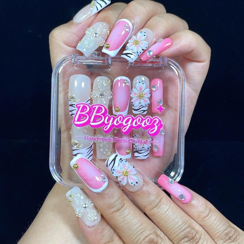 Bold Pink Zebra Stripes Press-On Nails - 3D Floral & Glitter Design | Reusable Acrylic for Parties & Daily Use (Short-Medium)