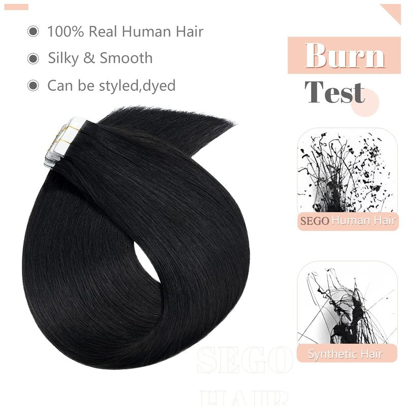Tape In Hair Extensions - 16 Inch Black Remy Human Hair, 20pcs 50g | Straight #01 Jet Black