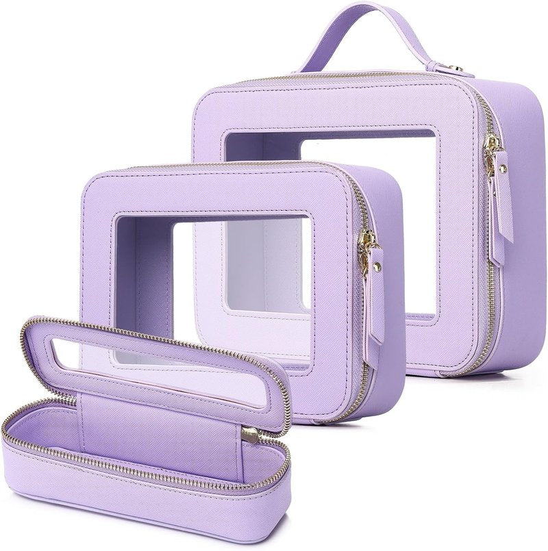 Travel Makeup Set - Waterproof Transparent Cosmetic Bag & Toiletry Organizer | Purple, L+M+Slim