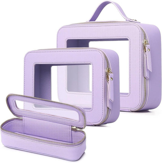 Travel Makeup Set - Waterproof Transparent Cosmetic Bag & Toiletry Organizer | Purple, L+M+Slim