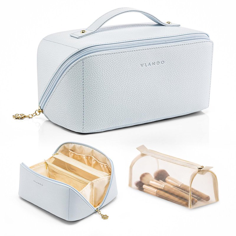 VLANDO Makeup Bag,Travel Toiletry Bag,Cosmetic Bag for Women PU Leather Portable Make up Bag for Skincare, Brushes & Travel Essentials-Baby Blue