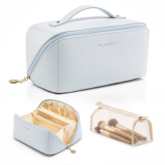 VLANDO Makeup Bag,Travel Toiletry Bag,Cosmetic Bag for Women PU Leather Portable Make up Bag for Skincare, Brushes & Travel Essentials-Baby Blue