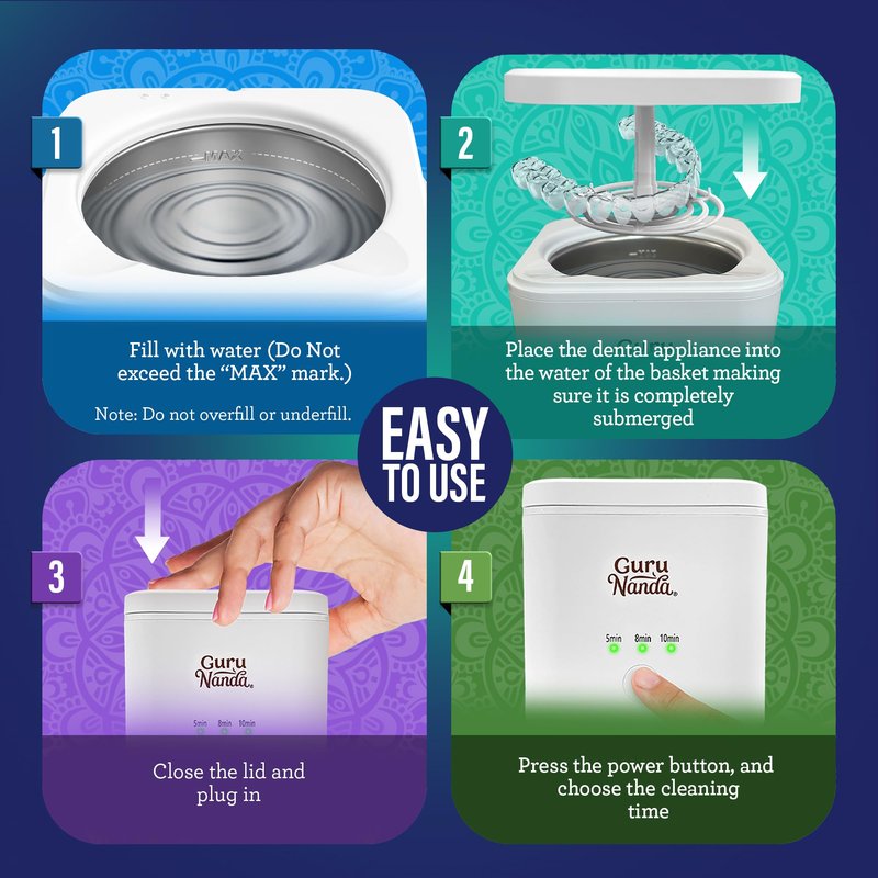 GuruNanda Retainer & Aligner Cleaning Pod for Retainers, Dentures, Mouthguards, Aligners, & Jewelry, 3 Modes, 45kHz Ultrasonic Retainer Cleaner, 190 ml Capacity