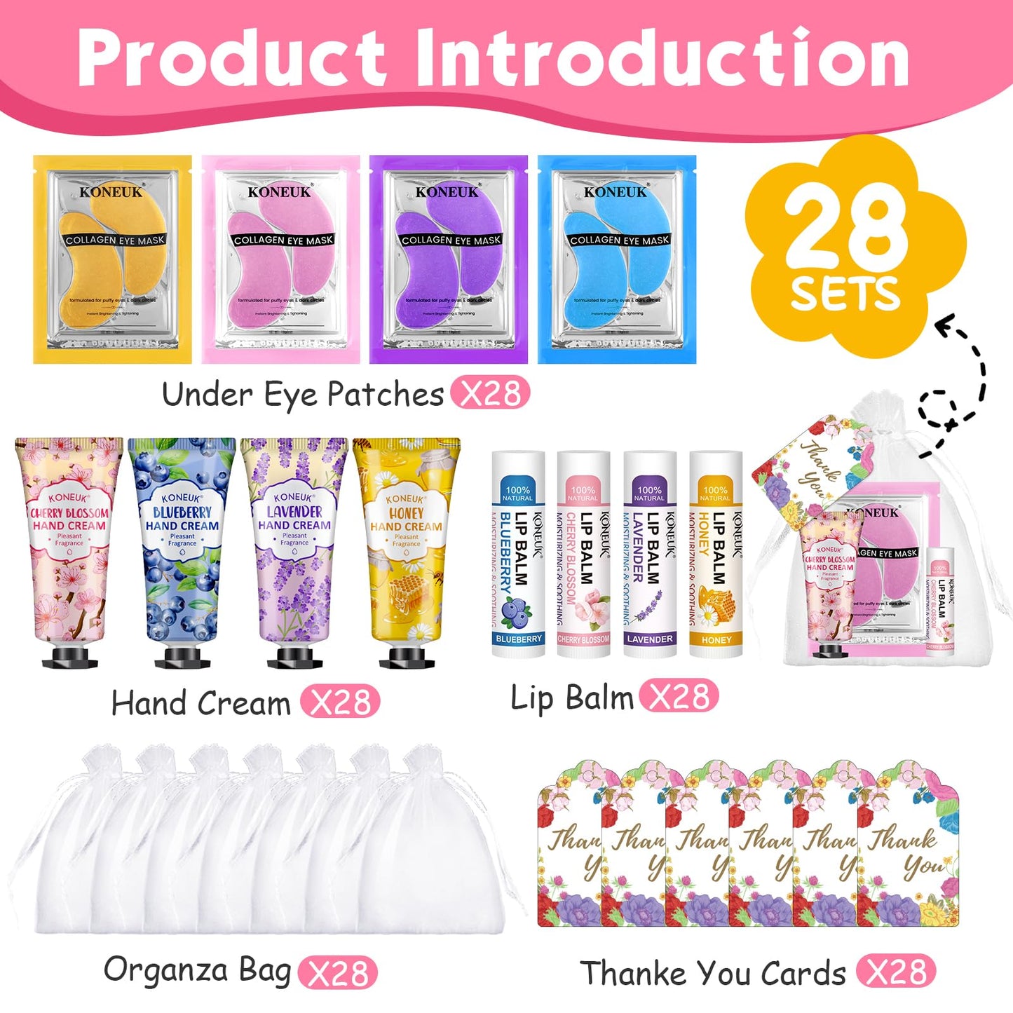 84 Pcs Bulk Gifts for Women,Teengirls, Under Eye Patches, Hand Creams Bulk & Lip Balms Bulk, Spa Party Supplies, Party Favors for Bridal Wedding, Sleepover Party, Thank You Gifts, Mini Spa Gift Set