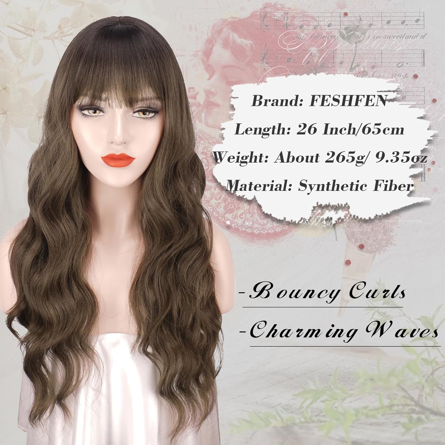 Medium Brown Wig with Bangs for Women - 26 Inch Long Wavy Synthetic Hair for Daily Wear | Natural Look