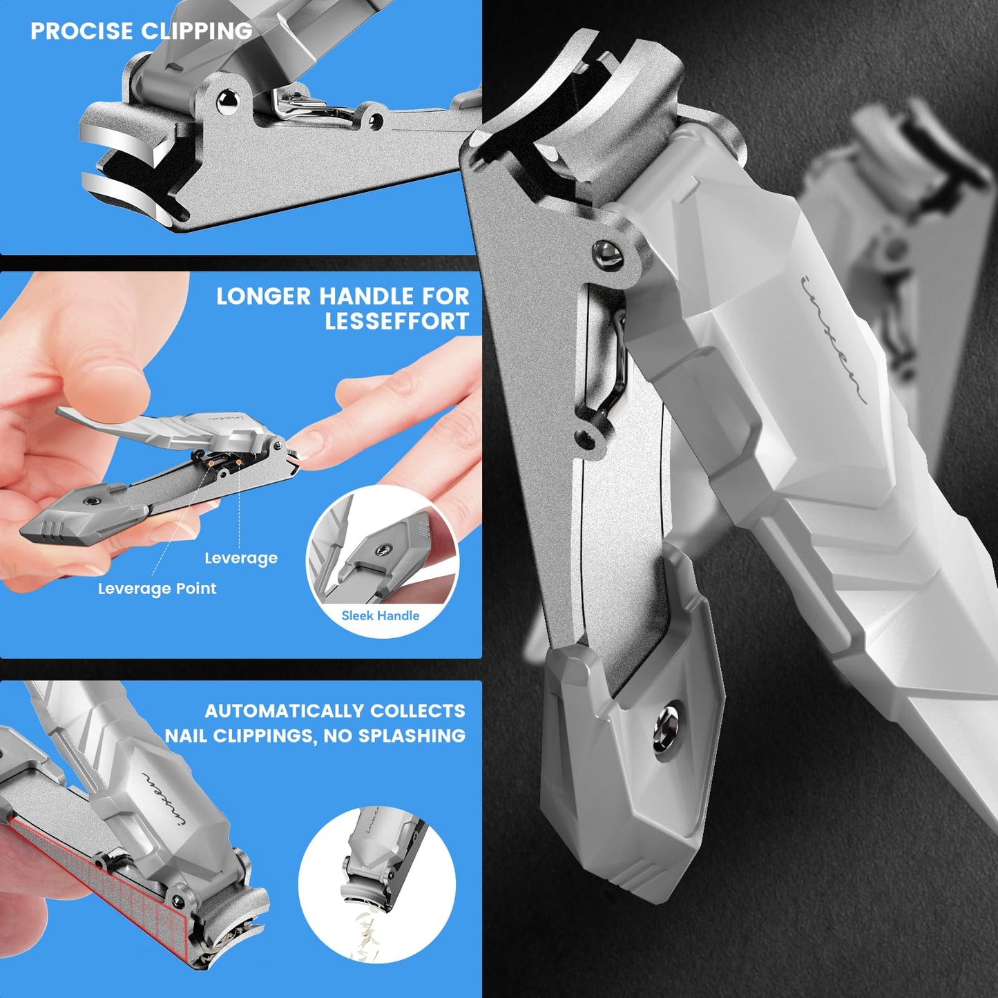 Toenail Clippers for Thick Nails for Seniors| INXEN Ergonomic Heavy Duty Angled Head Nail Clippers with Catcher | Premium Steel Wide Opening Fingernail Clippers Nail Cutter for Men & Women
