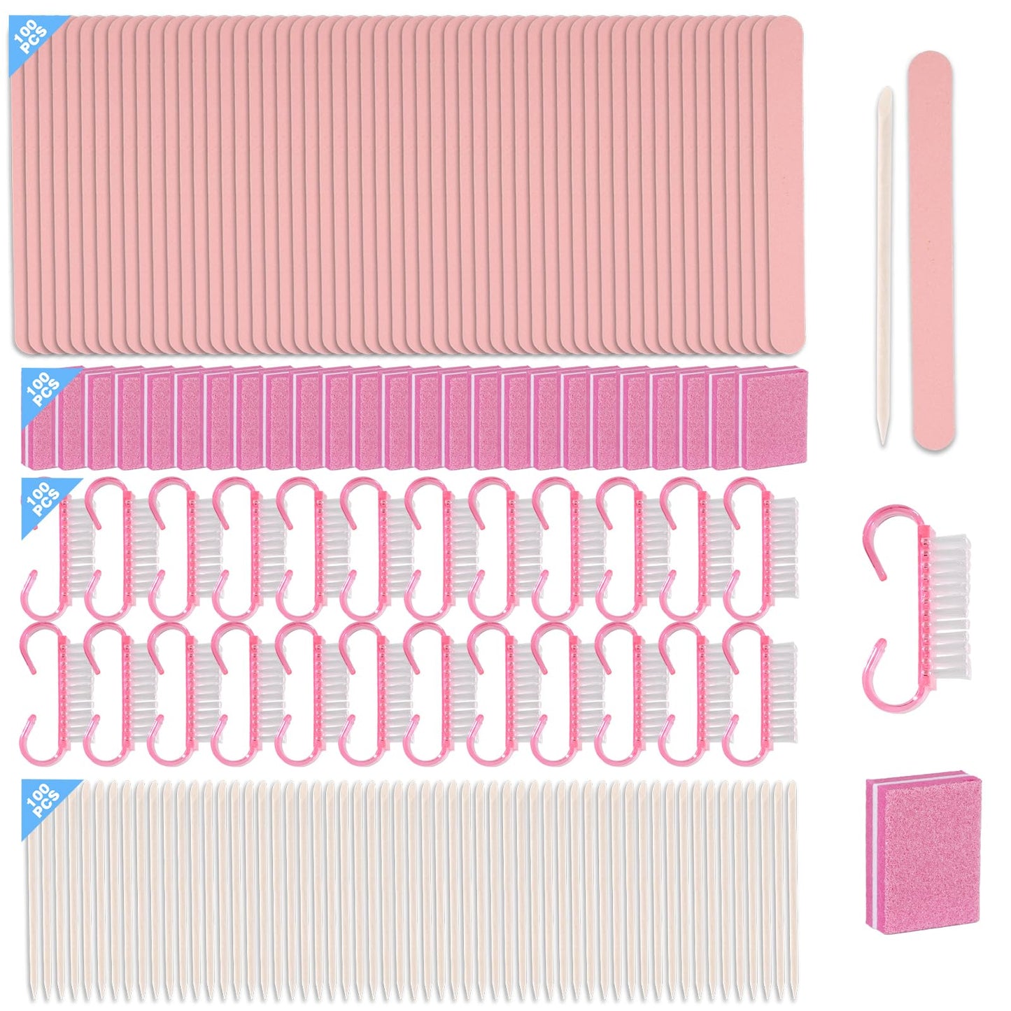 Disposable Manicure Packaging Kit Press On Nail Tool Kit (Pink, 100 Set)