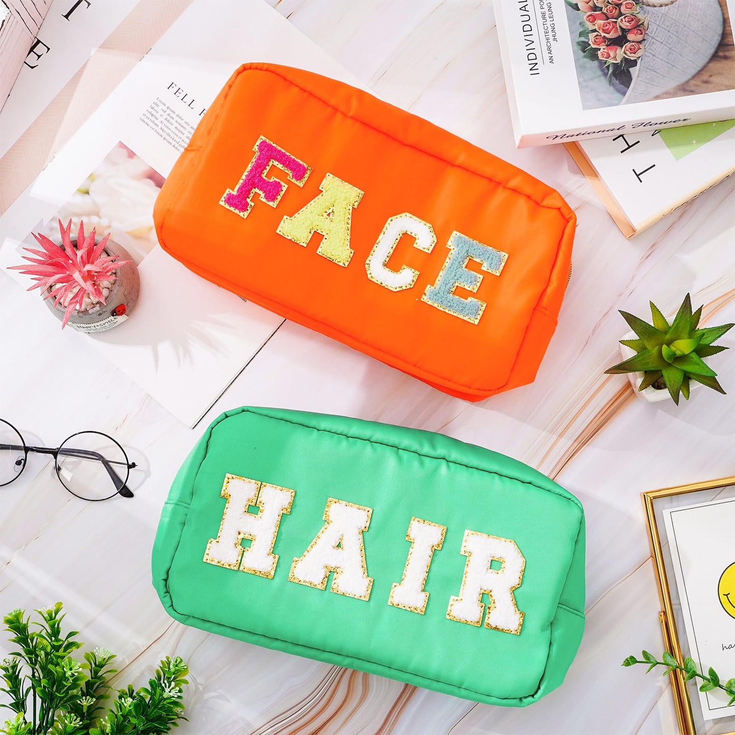 Whaline 4Pcs Preppy Nylon Cosmetic Bag Chenille Letter Makeup Organizer Bag Set Patches Toiletry Cosmetic Case Waterproof Zipper Cosmetic Pouch for Women (Neon Color,Skin,Stuff,Hair,Face)