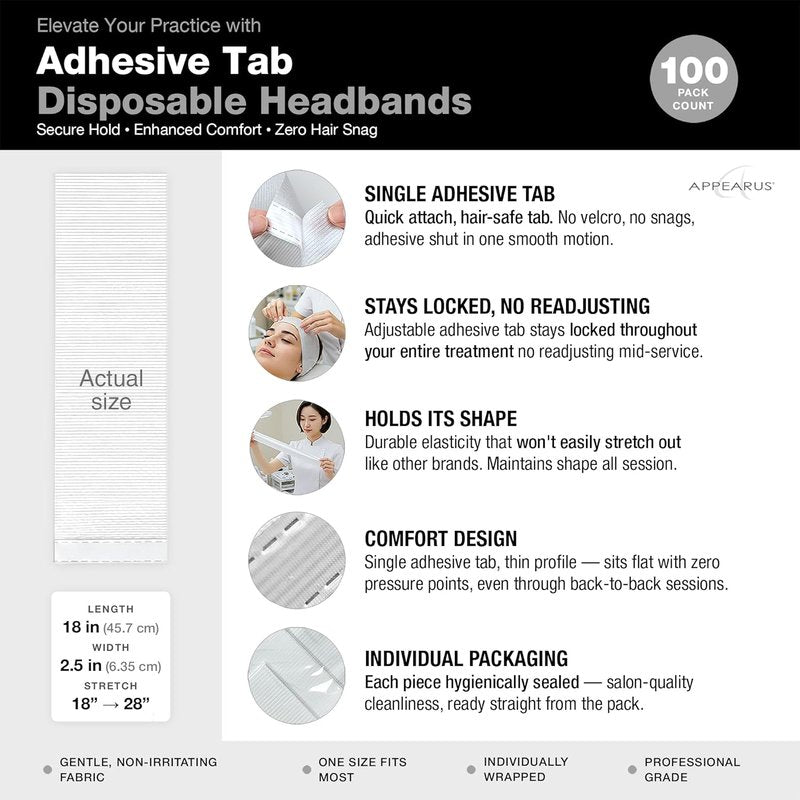 Disposable Stretch Facial Headbands - 100 Count Snag-Free Adhesive for Spa & Estheticians | White