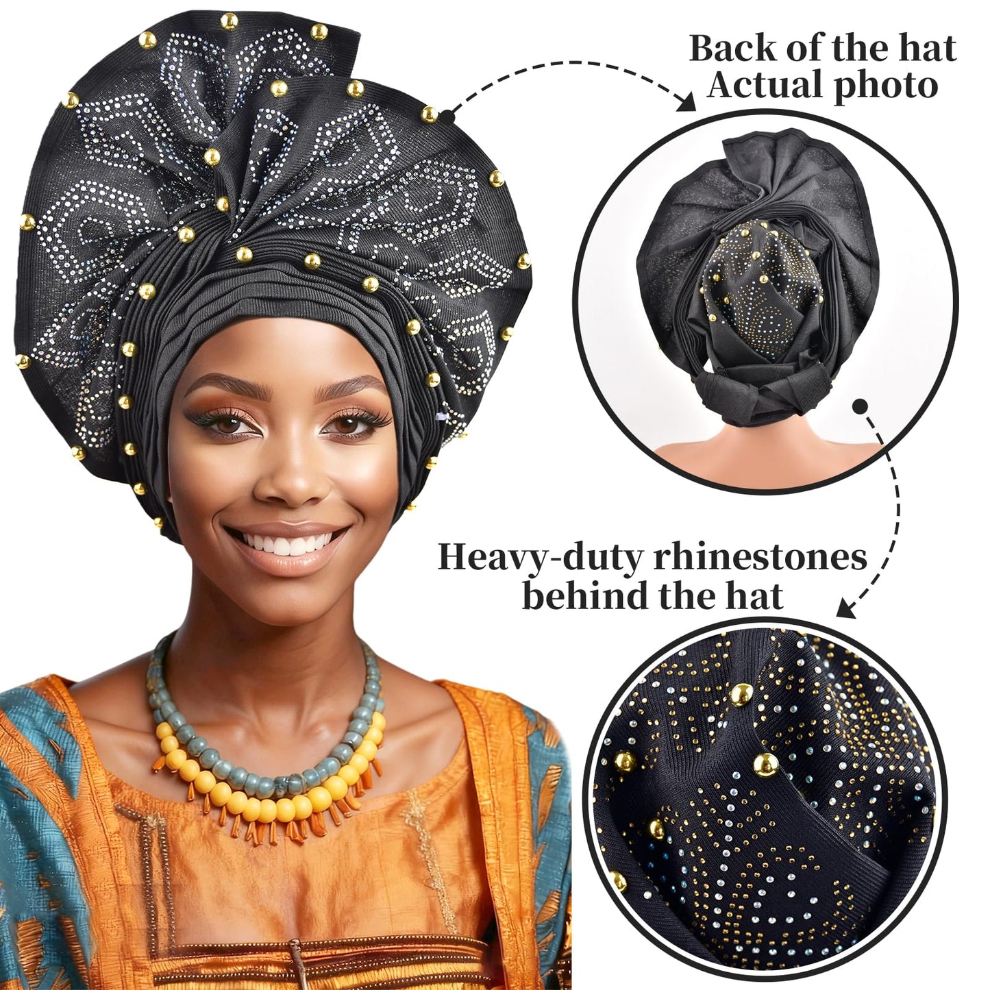 Nigerian headwear African headscarf,Auto Gele headband,hand wrap beaded - made for weddings parties events (Golden)