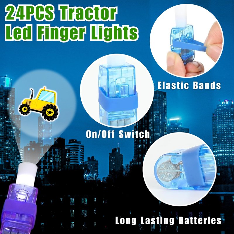 72 PCS Tractor Party Favors – 48 PCS Luminous Tattoos & 24 PCS LED Finger Lights Combo – Birthday Goodie Bag Fillers, Party Supplies, Gifts Light Up Toys Glow In The Dark for Boys and Girls