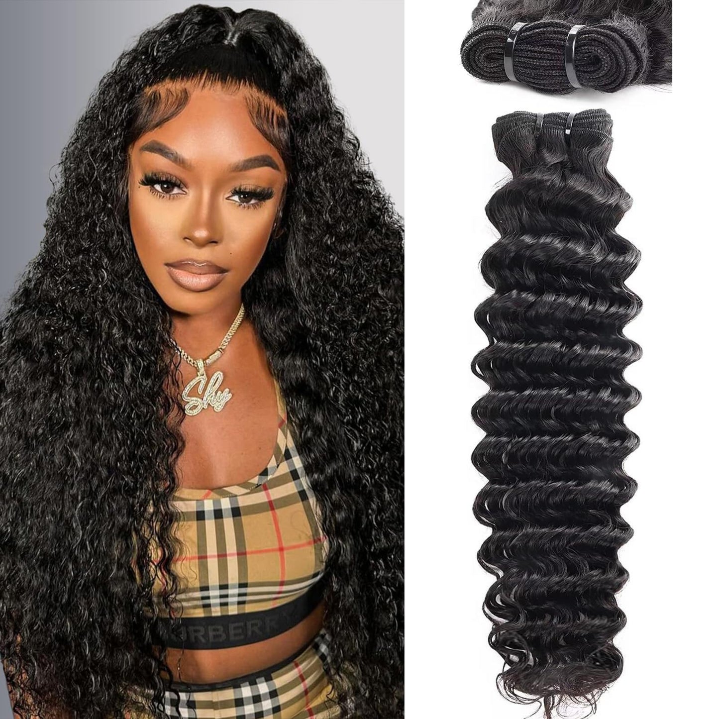 Deep Wave Human Hair Bundles 14 Inch Deep Wave Bundles 100% Unprocessed Brazilian Virgin Hair 1 Bundles Curly Bundles Hair Extensions Real Human Hair Wavy Quick Weave Bundles Natural Black
